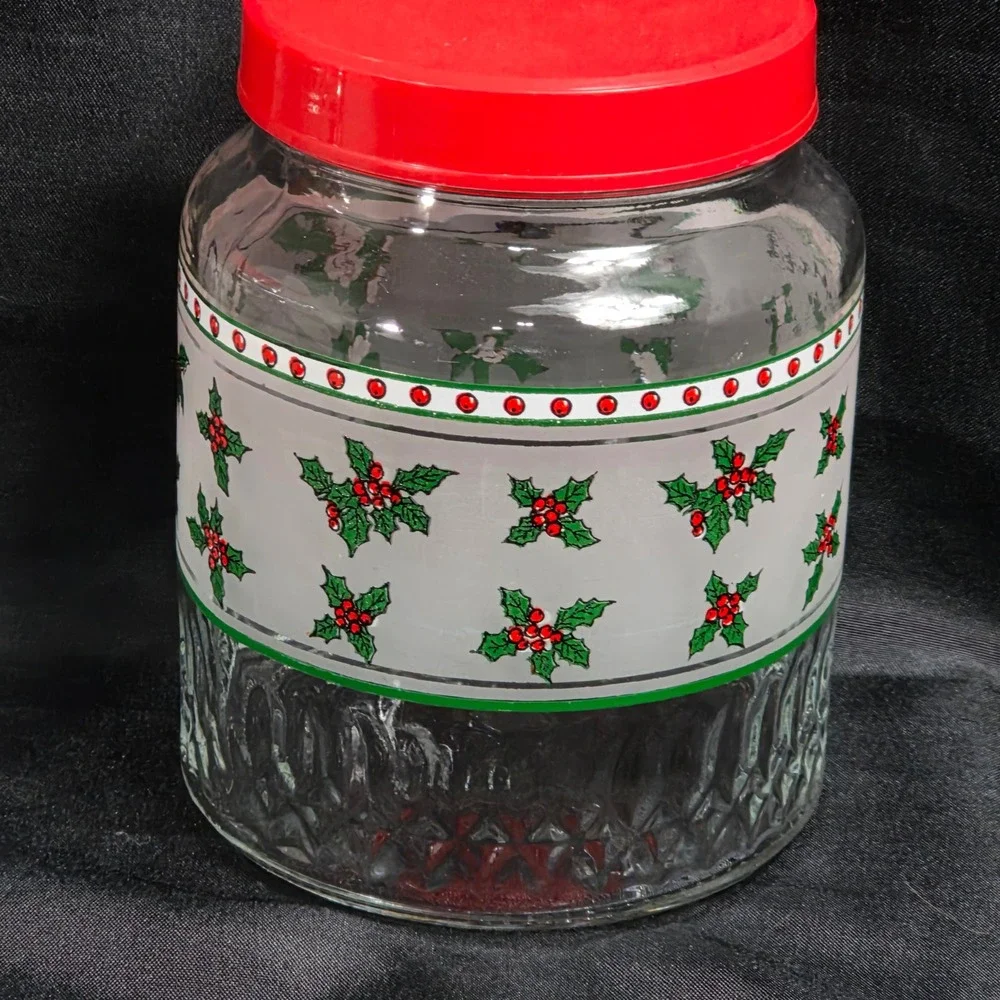 Set of 2 Vintage Christmas Holly Glass‎ Jars Red Lids Kitchen Storage Canisters